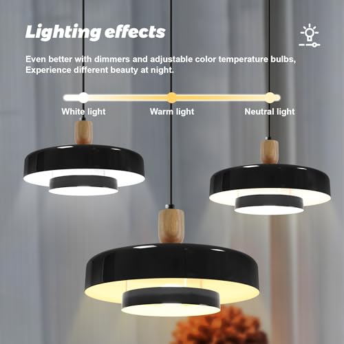 Image of Set of 2 Pcs 13.8 inch Black Dome Pendant Light Nordic Flush Mount Ceiling Light Solid Wood Hanging Light Farmhouse Pendant Lighting for Kitchen Island Dining Room Restaurant
