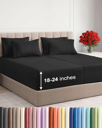 Image of Extra Deep Split King Sheet Set - 7 Piece Breathable Cooling Sheets - Black | Hotel Luxury Bed Sheets Set, Easy & Secure Fit, Ultra-Soft, Wrinkle & Fade Free, Comfy Sheets Set with Extra Deep Pockets