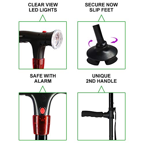 urge medical Clever Cane with LED Light,Travel Adjustable Folding Walking Canes, Security Alarm, Two Cushion Handles - Foldable, Light Weight Walking Stick for Arthritis Seniors Disabled and Elderly