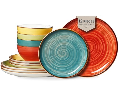 ONEMORE Plates and Bowls Set 12 Pcs,Stoneware Dinnerware Sets for 4 Microwavable,Oven & Dishwasher Safe Porcelain,Scratch Resistant Dishes Set