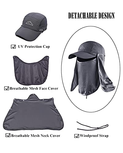 Ellewin Outdoor Fishing Flap Hat Upf50 Sun Cap Removable Mesh Face Neck Cover, D-Grey/ Mesh Neck Cover, M-L-Xl #TOP2