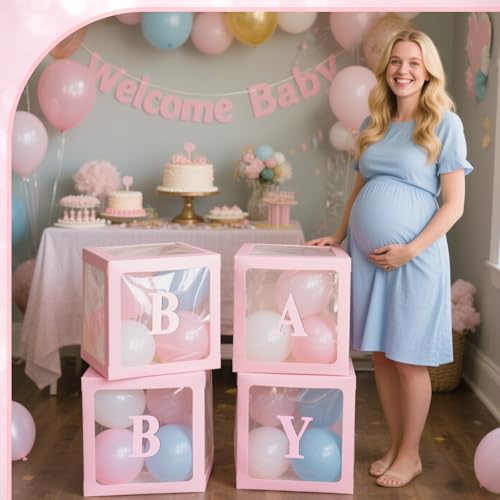 Image of Ledido Baby Boxes with Letters for Baby Shower Decorations, 4 pcs Clear Balloon Boxes with Letters for Boys Girls Gender Reveal Decorations Birthday Wedding Backdrop Party (Pink)