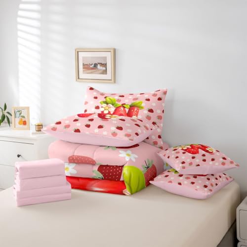 Image of Feelyou Girls Cute Strawberry Comforter Set With Sheets 7 Piece King Size Pink Strawberry Bed in a Bag Kids Boys Girls Initial Letter W Bedding Set Bedroom Decor Breathable Soft Lightweight Microfiber