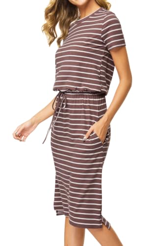 Image of Simier Fariry Womens Summer Hide Belly Knee Length Travel Dress Pocket Short Sleeve Midi Work Casual Outfits