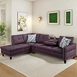 FONTOI L Shaped Sectional Couch Sofa, Modern Nail-Head Design Sectional Sofa for Living Room, 4 Seat L Couch with Cup Holder for Bedroom Apartment, Purple