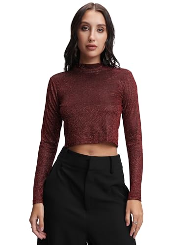 Image of Tokyo Talkies Women's Shimmer High Neck Crop Top | Fitted Full Sleeves | Glamorous & Trendy | Perfect for Parties & Night Out | Tops for Woman | Women Tops | Stylish Top