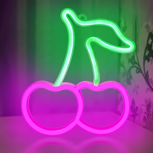 Image of Cherry Neon Sign Pink Green Cherries Neon Lights Cute Fruits LED Signs for Kids Room Restaurant Bar Fruit Shop USB Battery Neon Signs for Wall Decor