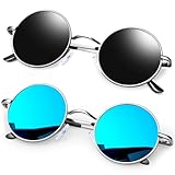 KANASTAL Round Polarized Sunglasses for Men Women Small Mirrored Blue Steampunk Retro Unisex UV400 Metal Frame Circle Hippie Sun Glasses 2Pack