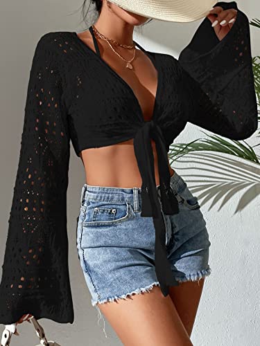 SOLY HUX Women's Deep V Neck Tie Front Hollow Out Long Sleeve Beach Swimsuit Bikini Cover Up Top3