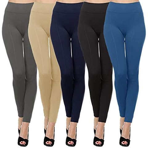 Kuda Moda 5 Pack Women's High Waist Warm Thermal Fleece Lined Full Length Leggings with Flattering Front Seam (Royal/Black/Navy/Beige/Grey, L/XL) Cover