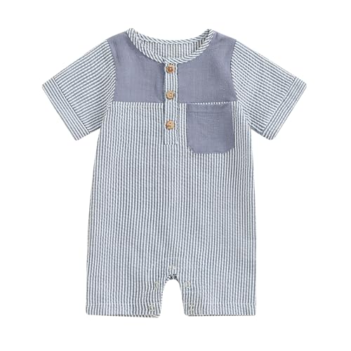 Image of BemeyourBBs Newborn Baby Boy Summer Clothes Striped Button Short Sleeve Romper Jumpsuit Cute Infant One Piece Outfit