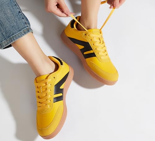 Image of LUCKY STEP Women Retro Gum Sole Fashion Sneakers | Genuine Leather Classic Tennis Skate Walking Shoes Anti Slip Trainers