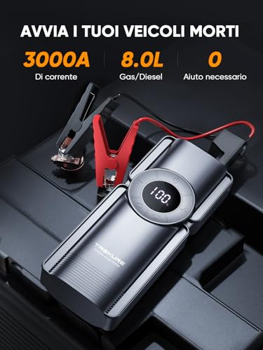 TREKURE Avviatore Emergenza per Auto con Compressore 150PSI 3000A Starter Batteria Auto 12V per 90L Benzina e 80L Diesel Motori Booster Avviamento Auto con Torcia Ricarica USB