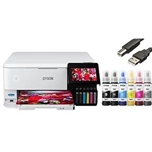 Epson EcoTank Photo ET-8500 All-in-One Wireless Color Supertank Printer with Scanner and Copier – Print Scan Copy Fax- Auto 2-Sided Printing – White-Bundle with Ahaghug Printer Cable.