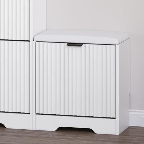 Image of BORNOON Slim Shoe Cabinet with Bench for Entryway, Hidden Storage and Adjustable Shelves, Free Standing Wooden Shoes Organizer for Foyer, Hallway