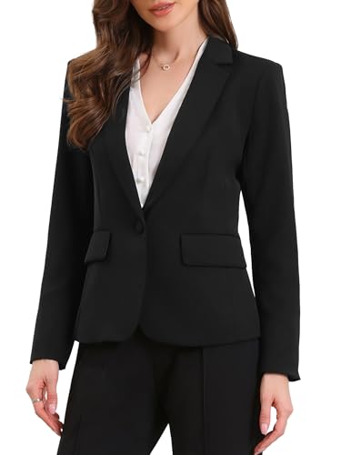 Allegra K Blazers for Women Business Casual Long Sleeve One Button Pockets Suit Jackets Work Office Blazer with Shoulder Pads