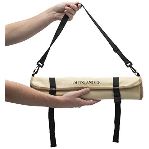 OUTSTANDER Chefs Knife Roll Bag with 11 Slots, Heavy Duty 16OZ Waxed Canvas Knives Case for Camping, Waterproof Storage Tool Wrap for Equipment of Chef, Comes with Shoulder Strap, Beige Colour Cover