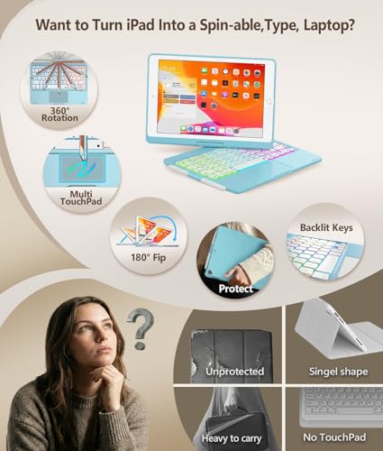 Image of BABG Keyboard Case for iPad 9th Generation, 360 Rotatable Backlit Keyboard with Pencil Holder for 10.2 inch iPad 9th Gen 2021 / 8th Gen 2020 / 7th Gen 2019 and iPad Air 3 / Pro 10.5 inch (Sky Blue)