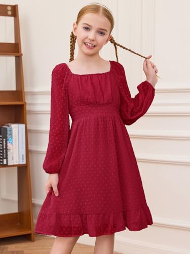 Haloumoning Girls Long Sleeve Dress Kids Ruffle Tiered Dress Swiss Dot Flowy A Line Dresses 5-14 Years2