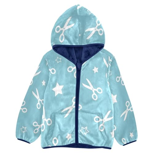 Scissors and Stars on Blue Toddler Fleece Jacket Girl Boys Hooded Fleece Jacket Coat Warm Outwear Zip-up 3-10T