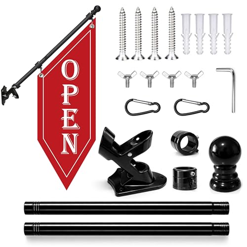 OPEN Flag with Pole Kit, Double-Sided Heavy Duty Hanging Banner Sign with Metal Bracket, Outdoor Storefront Business Sign for Shops, Cafes & Retail (Red)