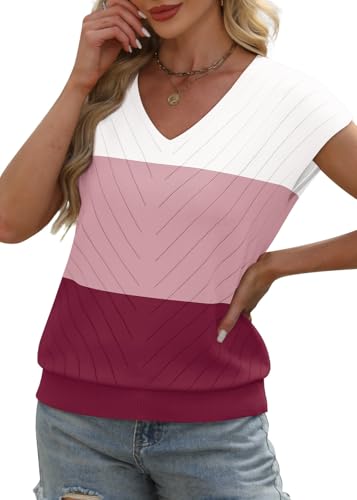 Image of WIHOLL Short Sleeve Sweater for Women V Neck Trendy Summer Tops 2026 Beach Vacation Clothes Travel Business Casual Outfits
