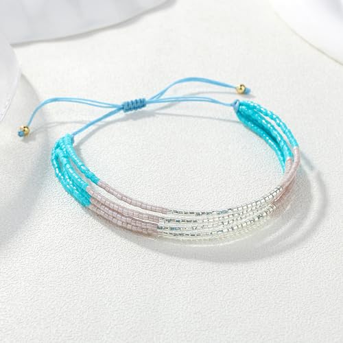 Image of KELITCH Shell Beaded Bracelets Multi Strands Bracelets Adjustable Bohemian Style Charm Bangles (Blue White 1F)