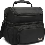 FlowFly Double Layer Cooler Insulated Lunch Bag Adult Lunch Box Large Tote Bag for Men, Women, With Adjustable Strap,Front Pocket and Dual Large Mesh Side Pockets,Black