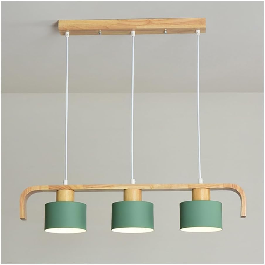 Nordic Wood Craft Pendent Lamp，E27 3-Color Dimming Modern Adjustable 3-Light Linear Pendant Light, for Kitchen Island, Dining Room, Cafe Lighting Fixture(Green)