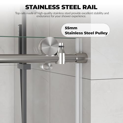 Image of Frameless Sliding Shower Door,44-48 in w x 76 in h Waterproof Glass Shower Door,1 /4 in Thick Tempered Clear Glass with Explosion-Proof Film,Handle and Seal Strip, Brushed Nickel