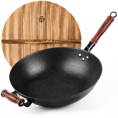 WANGYUANJI Cast Iron Wok Pan with Lid (12.6 Inch) - Handcrafted Flat Bottom Chinese Stir Fry Skillet for Induction, Electric & Gas - Walnut Wood Handle, No Coating
