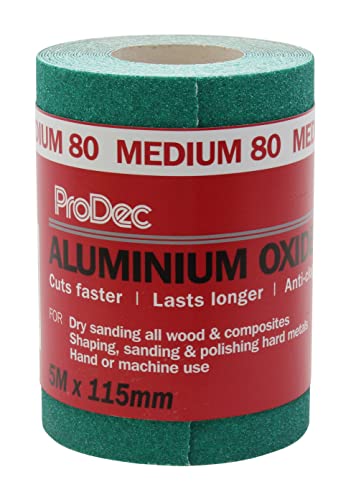 ProDec Rollo de 5 m de papel de lija abrasivo de óxido de aluminio verde de grano medio para lijar madera, pintura, yeso, masilla, metal y más, 115 mm de ancho, compatible con lijadoras a máquina