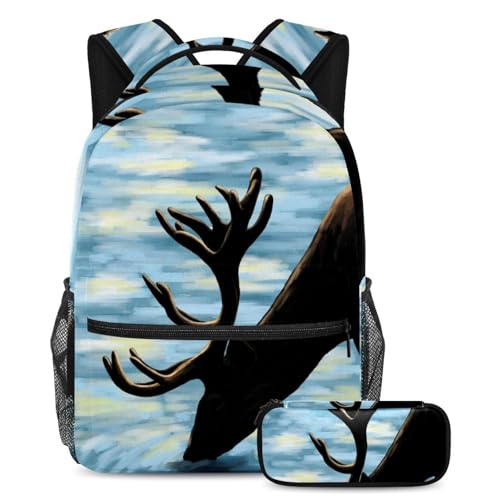 Sac à dos silhouettes de cerf multicolore avec trousse assortie pour l'école