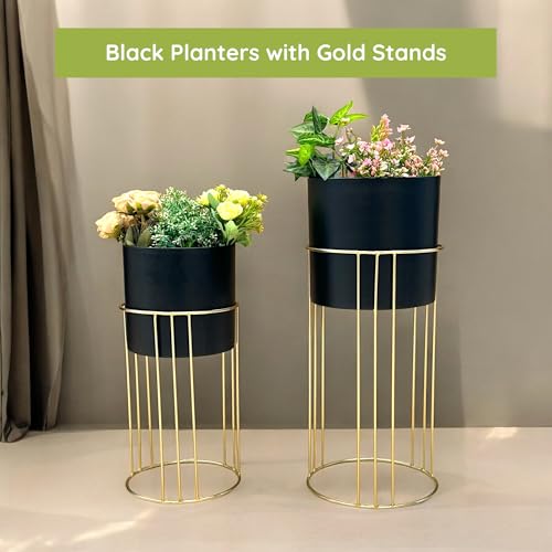 Image of Decorative Black Planter Gold Stand for Living Room | 24 inch & 19 inch (Height) x 10 inch & 9 inch (Diameter) | Modern Indoor Planters and Flower Pots Set of 2 (Gold & Black)