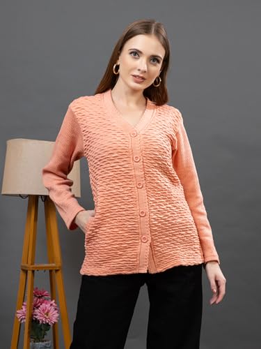 Image of Women's Winter Woolen Cardigan | Full Sleeve Textured Buttoned Sweater for Women | Soft Wool V-Neck Warm Knitted Outerwear for Office & Casual Wear