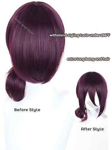 Image of Reze Cosplay Wig Short Dark Purple Anime Cosplay Wigs with Bangs & Bun | Deep Grape Purple Female Wig Synthetic Hair for Halloween Party Women Costumes
