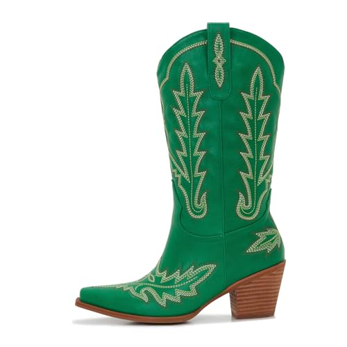 Cowboy Boots For Women - Western Mid-Calf Cowgirl Boots - Snip Toe - 3” Wood Grain Chunky Heel Embroidered Boots3
