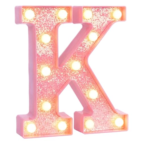 Image of Pink Marquee Light Up Letters, Glitter Alphabet LED Letter Lights for Pink Birthday Party Decorations, Battery Operated Letter Sign for Girls Room Vanity Table Decor, Warm White Lights Letter K