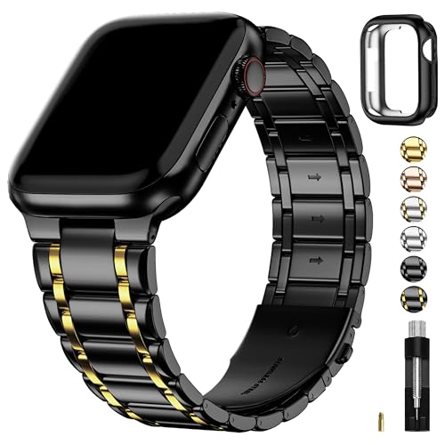 Image of Fullmosa Metal Bands with Case [Watch NOT Included] Compatible Apple Watch Strap 45mm 44mm 42mm, Steel Apple Watch Band for iWatch SE3 SE2 SE Series 9 8 7 6 5 4 3 2 1,42mm 44mm 45mm,Black and Gold