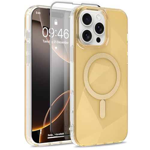 Image of Magnetic Case for iPhone 16 Pro Max [Compatible with Magsafe] [Anti-Yellowing] [1 Screen Protector] Shockproof Slim Iridescent Sparkly Case for iPhone 16 Pro Max 6.9 inch 2024, Gold