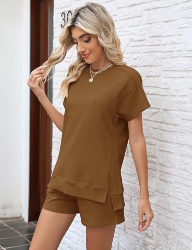 Image of LOMON Womens Fashion 2 Piece Outfits Sweatsuits 2026 Summer Short Sleeve Loungewear Tracksuit Round Neck Lounge Shorts Sets