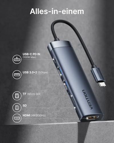 VENTION USB C Hub PD 100W, 6 in 1 Docking Station, 4K HDMI, USB A 3.0 * 2 Datenports, SD/Micro SD Kartenleser USB C Multiport Adapter, Kompatibel für MacBook Pro, Air/Dell/Lenovo/HP, Gray