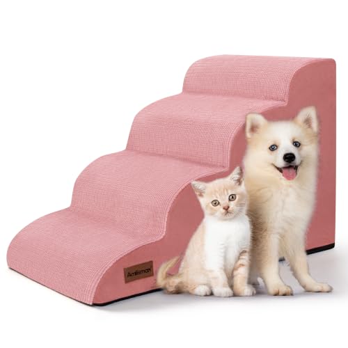 Image of 4-Step Dog Stairs for Bed or Couch, Pink Pet Ramp for Small Dogs, Cats | Aodisman Elegant Pink Dog Ramp Designed for Dogs and Cats, Ideal for Beds and Couches, Providing Comfortable Access, 17.7 inch H