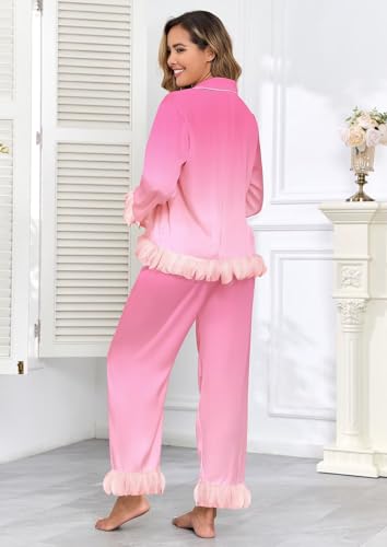 Image of Brosloth Womens Silk Pajamas Set Long Sleeve Satin Button Up Sleepwear | Cute Soft Fall Pjs Sets, Lace 2 Piece Lounge Set, Elegant Bridesmaid Pajama, Skin Friendly Sleepwear for Wedding, Honeymoon