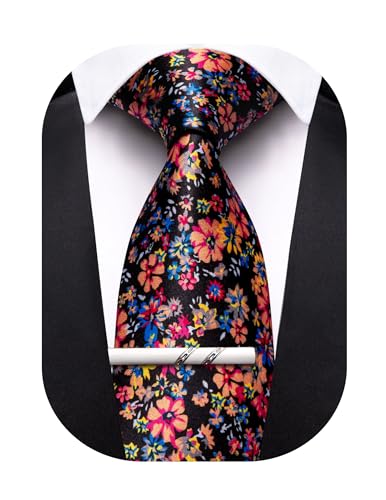 Image of Barry.Wang Floral Ties for Men Flower Necktie with Tie Clip Formal