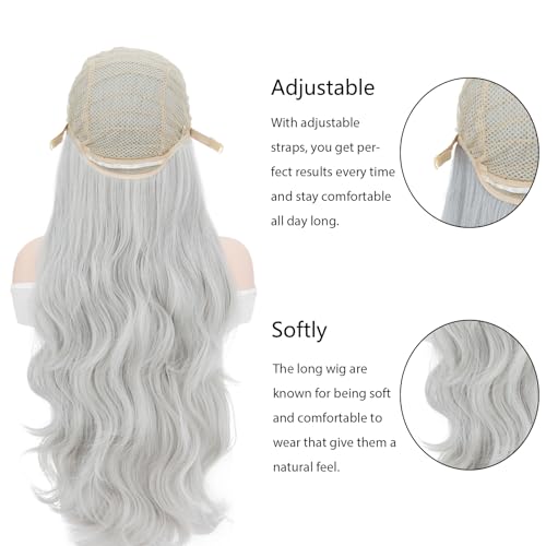 Image of Rose bud Hair Cosplay Wig with Bangs Grey 32 Inches Long Wavy Wigs for Women Lady Halloween Anime Party