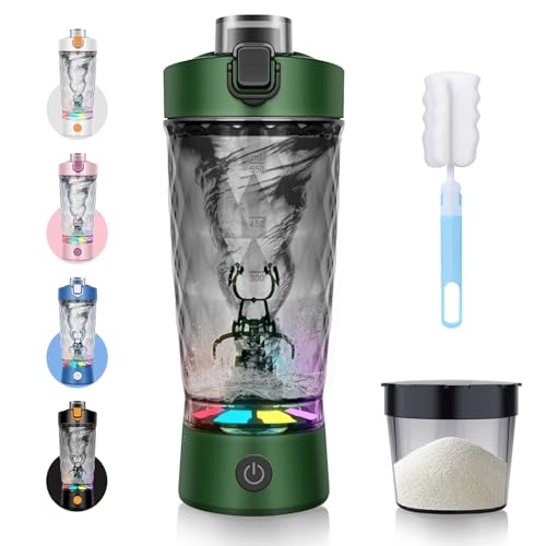 SOARFLY Mezclador de proteinas electrico 650ml shaker proteinas con compartimento para polvo, shaker bottle recargable con USB C para polvo y batido de leche, sin BPA, verde oliva
