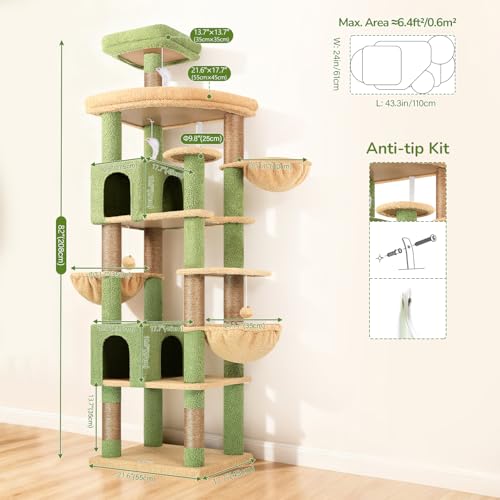 Image of Globlazer Extra Large Cactus Cat Tree Tower, 82in Tall Heavy Duty Cat Tree for Indoor Cats Large Adult Big Cat Tower with 8 Scratching Posts, 2 Cat Condos, 2 Top Perches, 3 Hanging Baskets, S82, Green