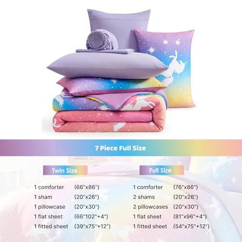 Full Size Comforter Set for Girls-7 Pieces Rainbow Unicorn Full Bedding Sets for Kids, Ultra Soft Bed in A Bag with Sheets