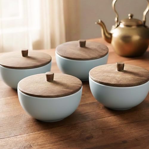Image of The Earth Store Grey Mellow Ceramic Bowl Set of 4 - 450ML Each with Nob Wooden Lid | Mixing Bowls for Snacks, Rice, Dal, Fruits, Salad Microwave Safe Bowl with Lid Perfect Gifting & Daily Use